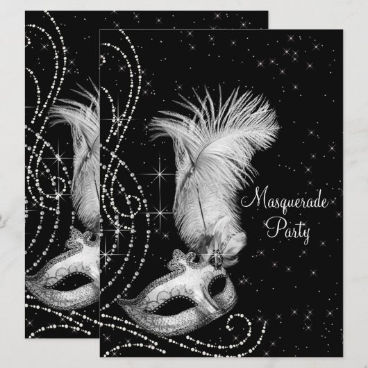 Elegant zwart wit Masquerade Party Kaart (Voorkant / Achterkant)