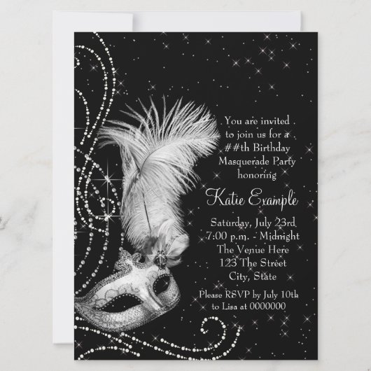 Elegant zwart wit Masquerade Party Kaart (Achterkant)