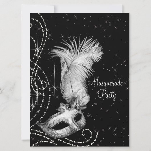 Elegant zwart wit Masquerade Party Kaart (Voorkant)