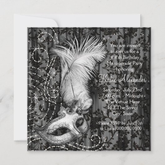 Elegant zwart wit Masquerade Party Kaart (Achterkant)