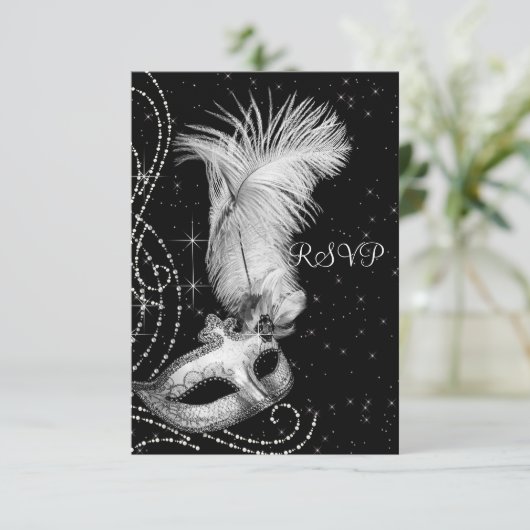 Elegant zwart-wit Masquerade Party RSVP (Staand voorkant)