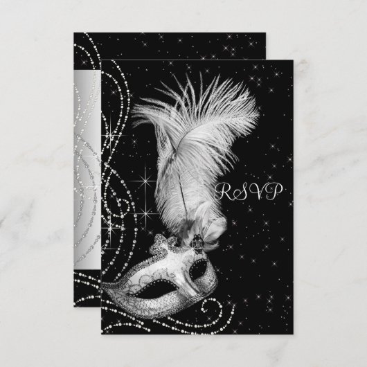 Elegant zwart-wit Masquerade Party RSVP (Voorkant / Achterkant)