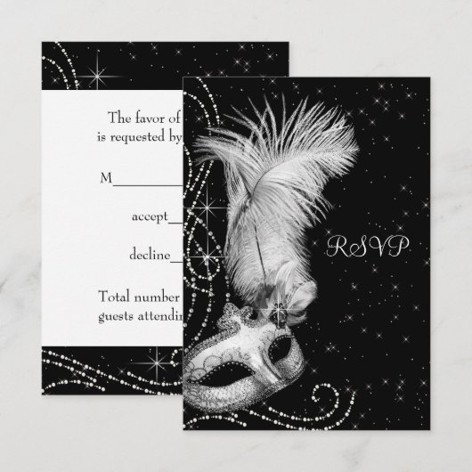 Elegant zwart wit Masquerade Party RSVP Kaartje (Voorkant / Achterkant)