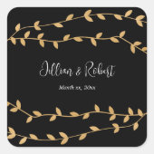 Elegant zwart-wit met gouden bladeren bruiloft vierkante sticker (Voorkant)