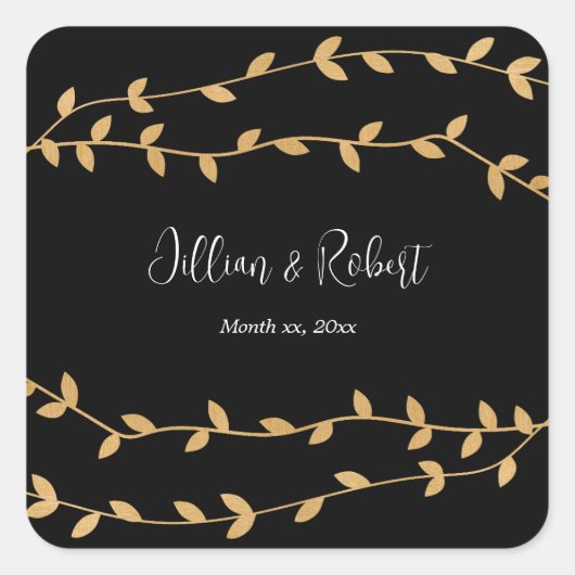 Elegant zwart-wit met gouden bladeren bruiloft vierkante sticker (Voorkant)