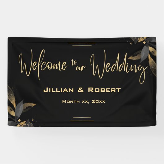 Elegant zwart-wit, met gouden bruiloft spandoek (Horizontaal)