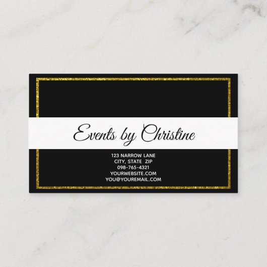 Elegant zwart, wit, met gouden glitterrand visitekaartje (Achterkant)