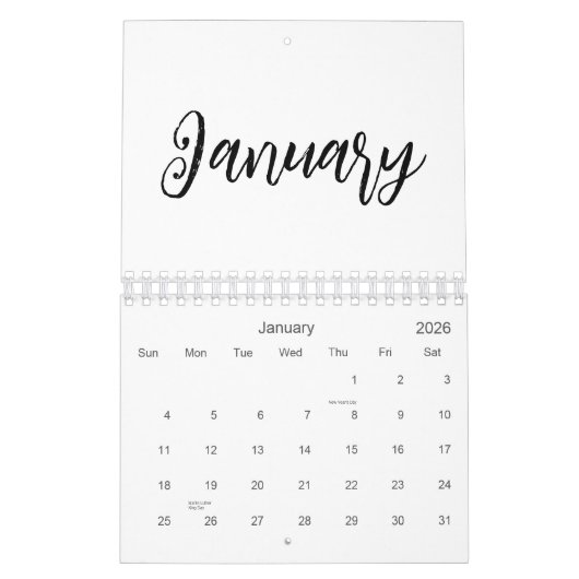 Elegant zwart-wit minimalistisch 2025 kalender (Jan 2026)