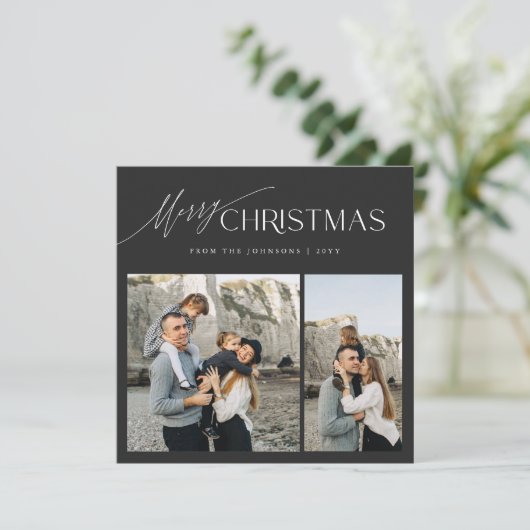 Elegant zwart wit minimalistisch 3 foto kerst feestdagenkaart (Staand voorkant)