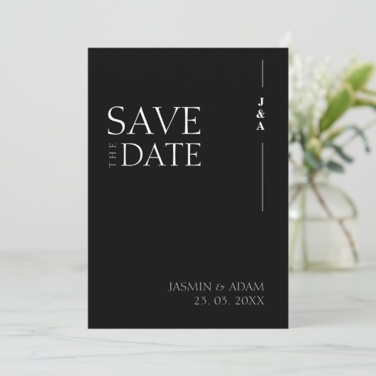 Elegant Zwart Wit Minimalistisch Monogram Bruiloft Save The Date (Staand voorkant)