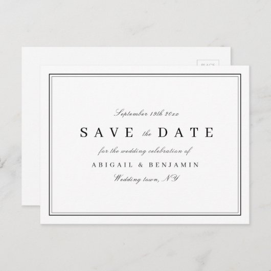 Elegant zwart-wit minimalistisch sparen de datum aankondigingskaart (Voorkant / Achterkant)