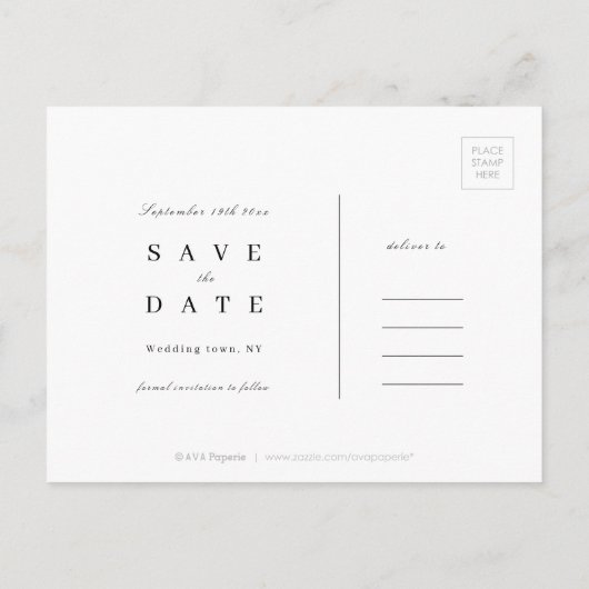 Elegant zwart-wit minimalistisch sparen de datum aankondigingskaart (Achterkant)