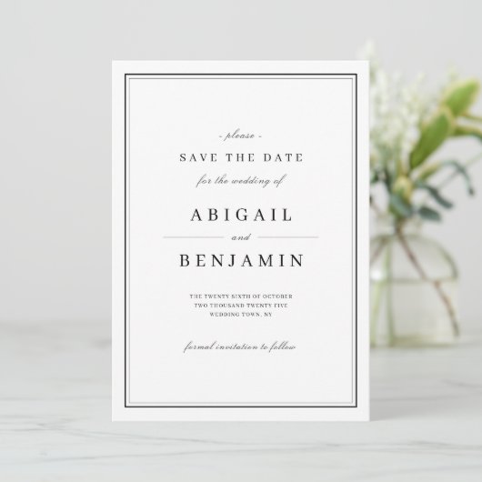 Elegant zwart-wit minimalistisch sparen de datum save the date (Staand voorkant)