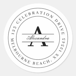 Elegant zwart-wit minimalistisch terugkeeradres ronde sticker
