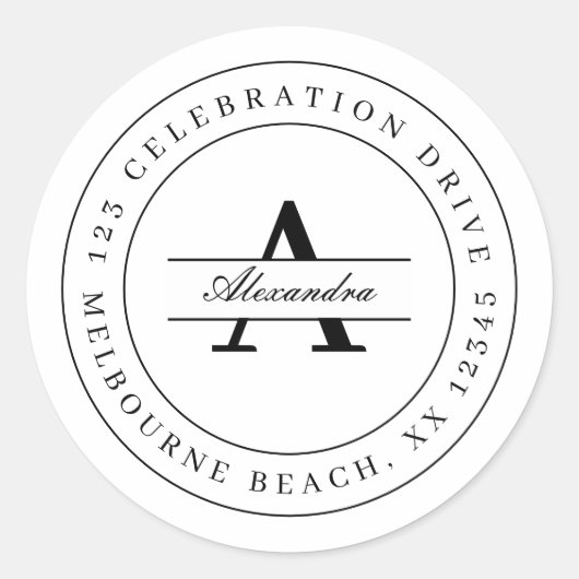 Elegant zwart-wit minimalistisch terugkeeradres ronde sticker (Voorkant)