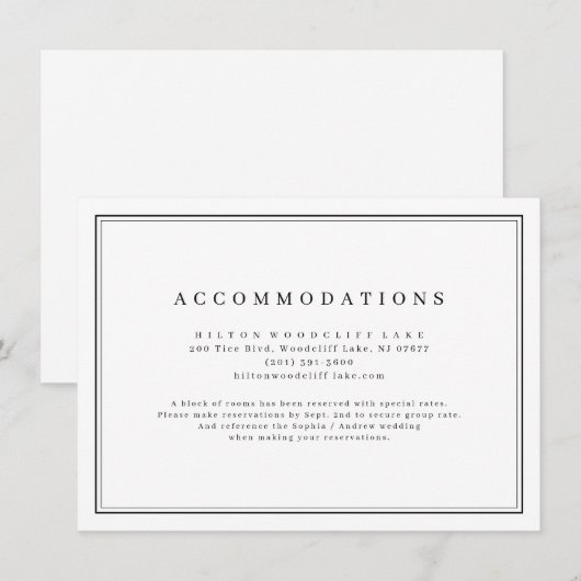 Elegant zwart-wit-minimalistische accommodatie informatiekaartje (Voorkant / Achterkant)