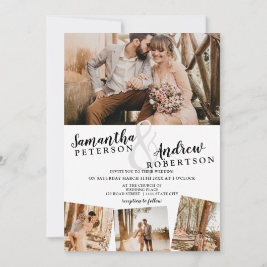 Elegant zwart-wit minimalistische fotobruiloft kaart (Achterkant)