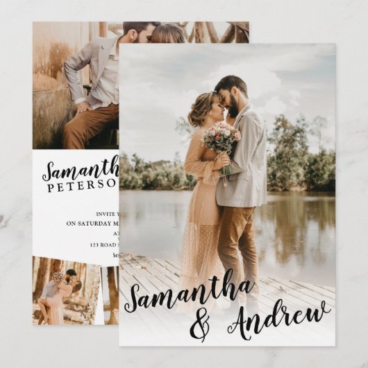 Elegant zwart-wit minimalistische fotobruiloft kaart (Voorkant / Achterkant)