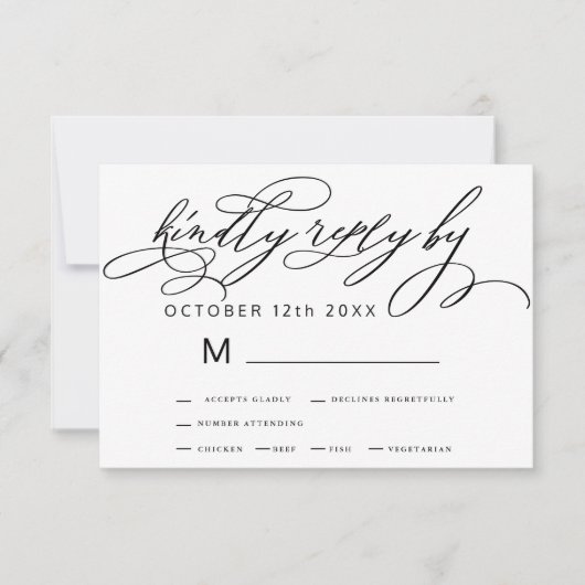 Elegant zwart wit minimalistische kalligrafie brui RSVP kaartje (Voorkant)