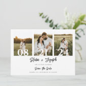 Elegant Zwart & Wit Modern Drie foto's Bruiloft Save The Date (Staand voorkant)