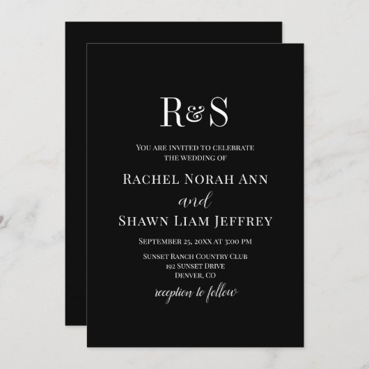 Elegant zwart-wit modern monogram trouwfeest kaart (Voorkant / Achterkant)