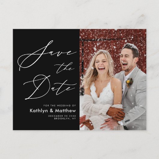 Elegant zwart wit modern script slaat de datum op aankondigingskaart (Voorkant)