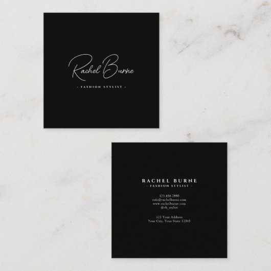 Elegant zwart-wit Modern Script Square Vierkante Visitekaartje (Voorkant / Achterkant)