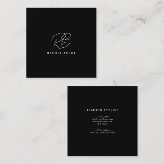 Elegant zwart-wit modern script vierkante visitekaartje (Voorkant / Achterkant)