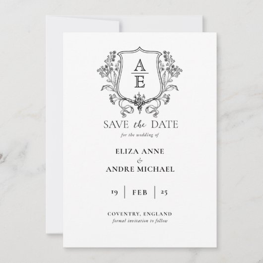Elegant zwart-wit monogram blad wapen Huwelijk Save The Date (Voorkant)