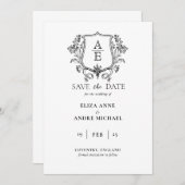 Elegant zwart-wit monogram blad wapen trouwen save the date (Voorkant / Achterkant)