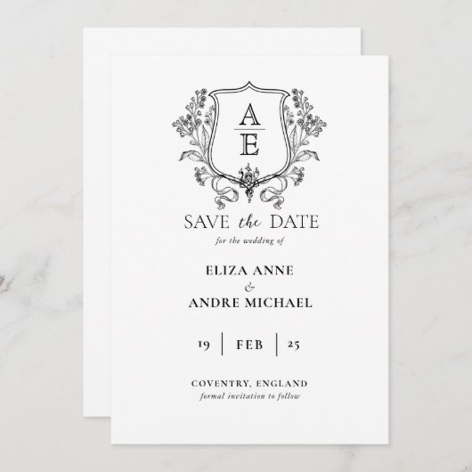 Elegant zwart-wit monogram blad wapen trouwen save the date (Voorkant / Achterkant)
