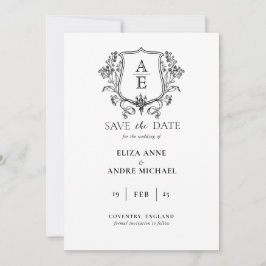 Elegant zwart-wit monogram blad wapen trouwen save the date