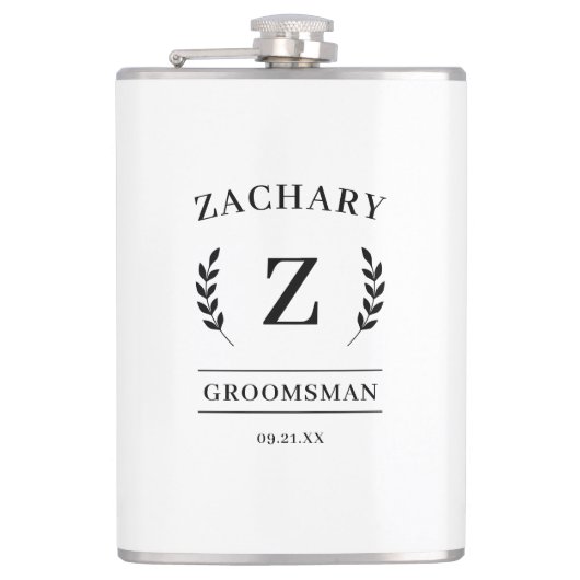 Elegant Zwart & Wit Monogram Bruidsjonkers Cadeau Heupfles (Voorkant)