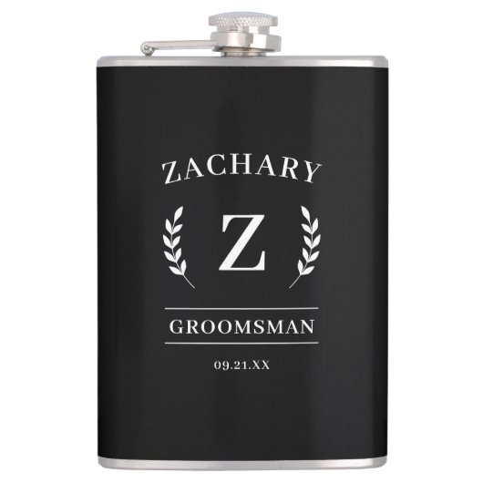 Elegant Zwart & Wit Monogram Bruidsjonkers Cadeau Heupfles (Voorkant)