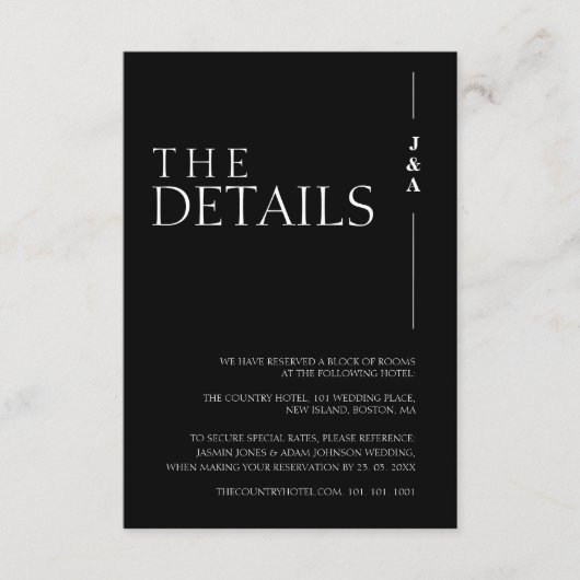 Elegant Zwart Wit Monogram Bruiloft Details Informatiekaartje (Voorkant)