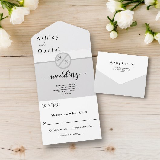 Elegant zwart-wit monogram grijs chique bruiloft all in one uitnodiging
