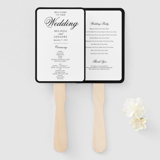 Elegant zwart wit monogram huwelijksprogramma handwaaier (Voorkant en achterkant)