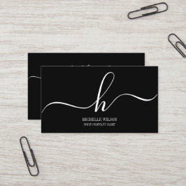 Elegant Zwart Wit Monogram Initiaal Script Naam Visitekaartje