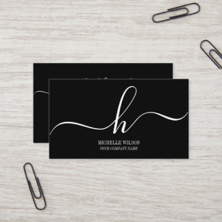 Elegant Zwart Wit Monogram Initiaal Script Naam Visitekaartje