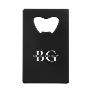 Elegant Zwart-wit Monogram Initialen Bruiloft Creditkaart Flessenopener