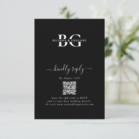 Elegant Zwart-wit Monogram Initialen Bruiloft Informatiekaartje (Staand voorkant)