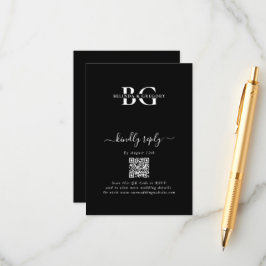 Elegant Zwart-wit Monogram Initialen Bruiloft Informatiekaartje