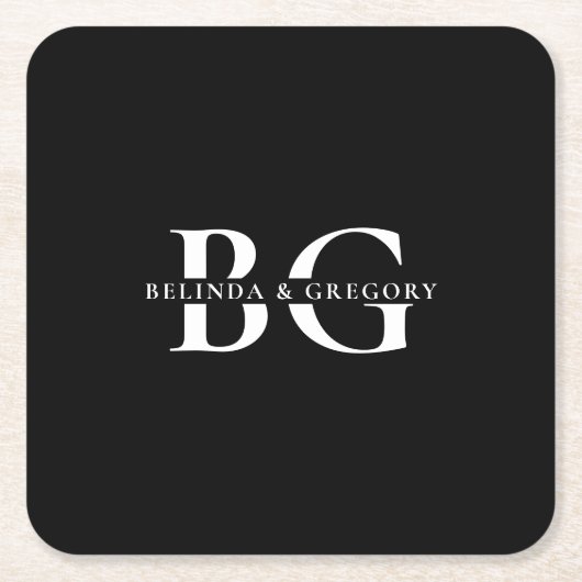 Elegant Zwart-wit Monogram Initialen Bruiloft Kartonnen Onderzetters (Voorkant)