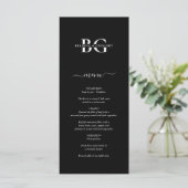 Elegant Zwart-wit Monogram Initialen Bruiloft Menu (Staand voorkant)