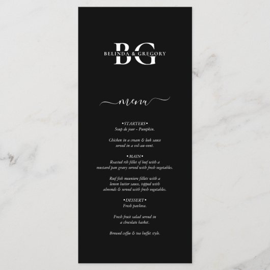 Elegant Zwart-wit Monogram Initialen Bruiloft Menu (Voorkant)