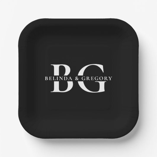 Elegant Zwart-wit Monogram Initialen Bruiloft Papieren Bordje (Voorkant)