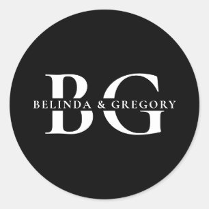 Elegant Zwart-wit Monogram Initialen Bruiloft Ronde Sticker