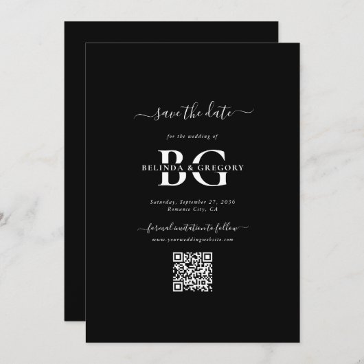 Elegant Zwart-wit Monogram Initialen Bruiloft Save The Date (Voorkant / Achterkant)