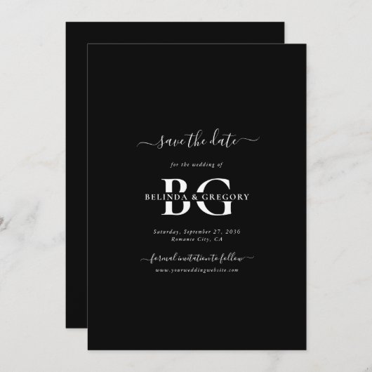Elegant Zwart-wit Monogram Initialen Bruiloft Save The Date (Voorkant / Achterkant)