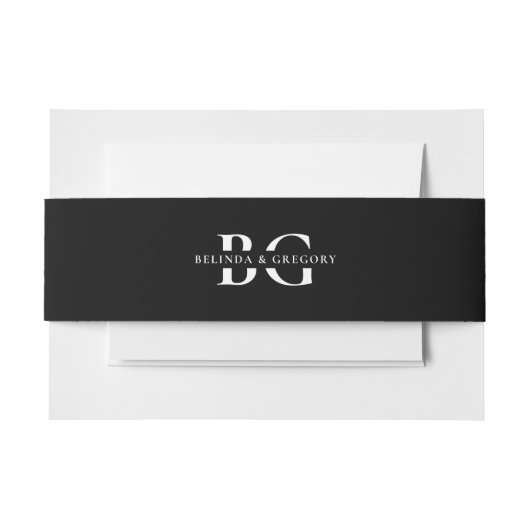 Elegant Zwart-wit Monogram Initialen Bruiloft Uitnodigingen Wikkel (Voorkant Voorbeeld)